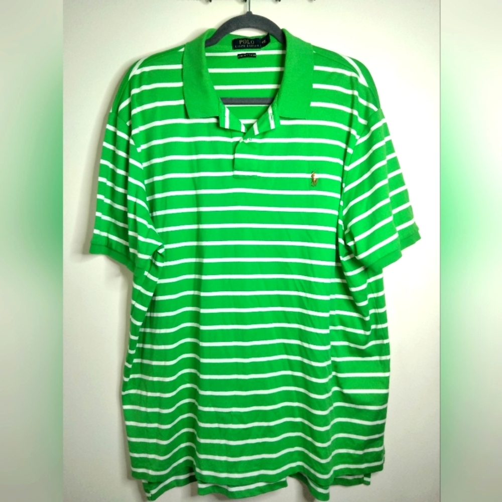Polo Ralph Lauren (Sz XXL) Men's Green/White Stripe Button Collar SS Polo Shirt